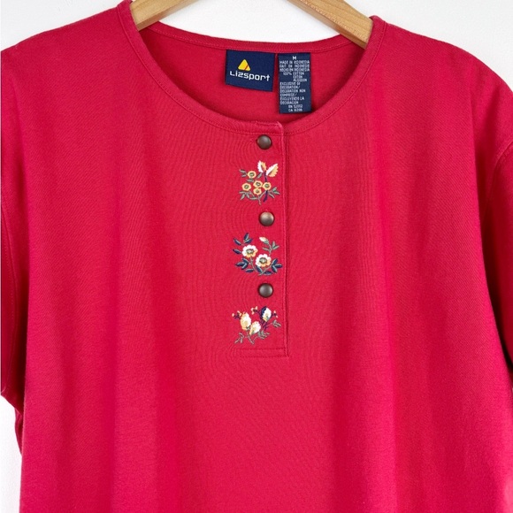 LizSport Vintage Red Embroidered Floral T-Shirt - Picture 2 of 7